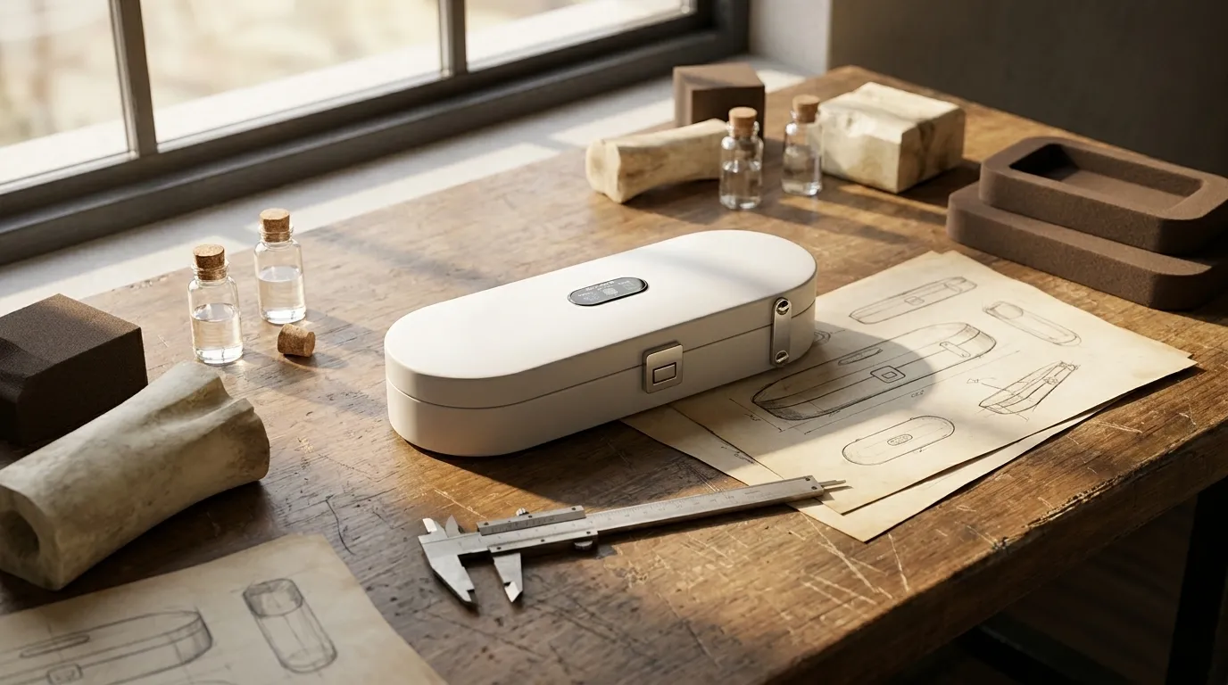 The CASETIDES design bench — sketches, calipers, vials and a prototype case