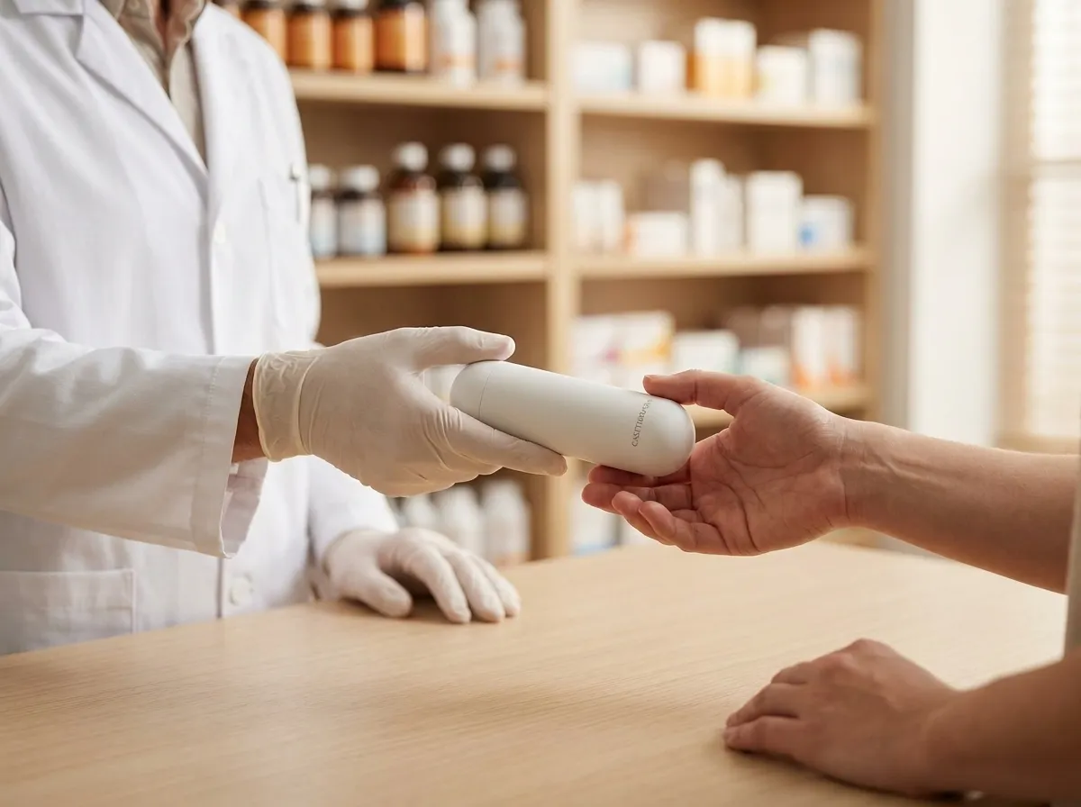A pharmacist handing a co-branded Cold Control Capsule across the counter