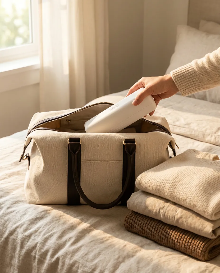A Cold Control case being packed into a weekender bag