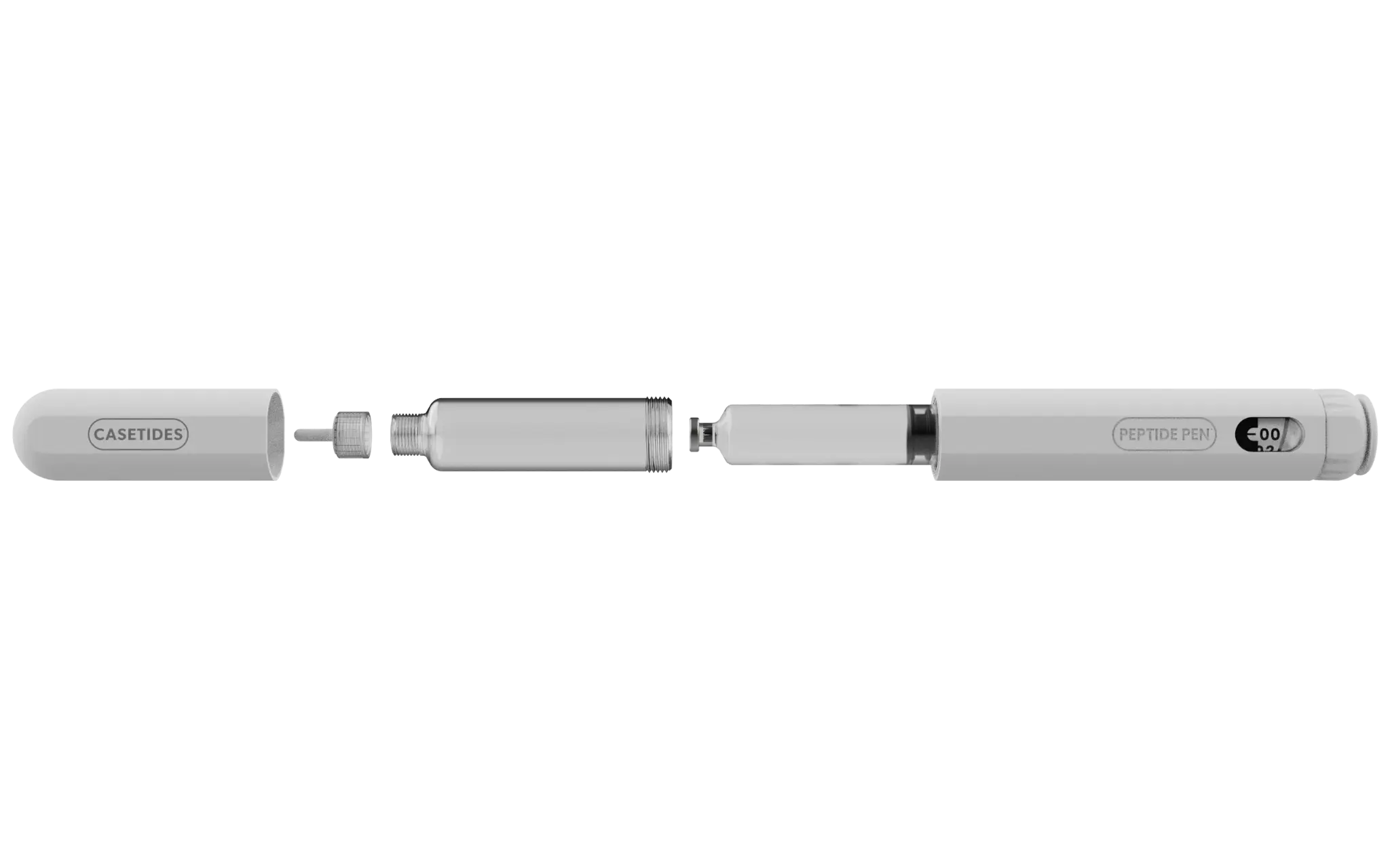 Peptide Pen exploded view showing cap, needle, cartridge and body